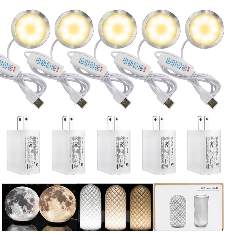 3DZWMAN 5Pcs LED Lamp Kit 001 Three Colors and UL 5V1A USB Charger for Bambu Lab H2D/X1/P1P/A1 mini Makerworld for anycubic Makeronline 3D Printer Light DIY Hardware Model Spare Parts, 3000K Warm Light - Image 1